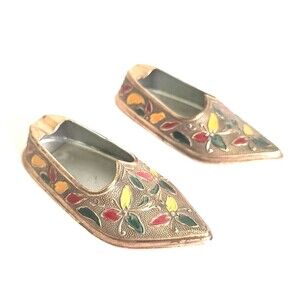 Vintage Set Of 2 Brass Shoe Ashtrays multicolored Made In India 3.5"
